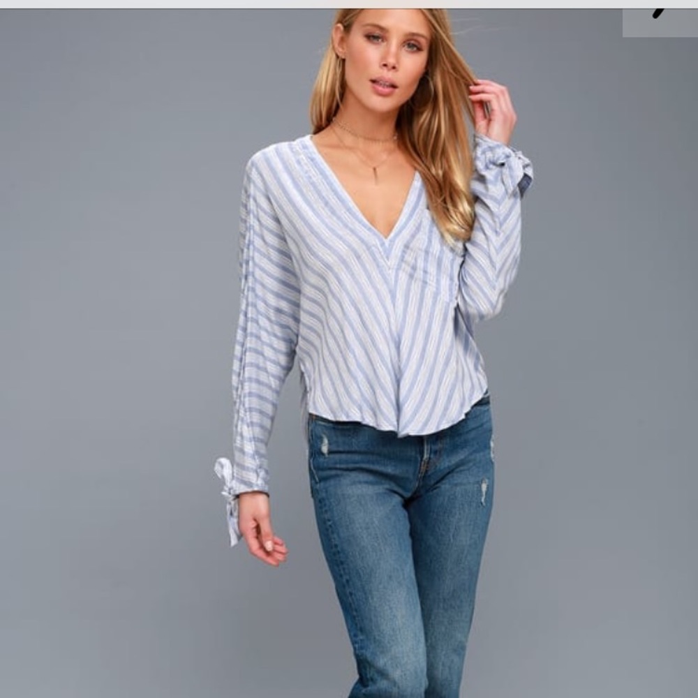 Free People Stripped Blue Blouse/Top